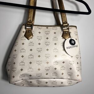 MCM White Visetos Tote Bag Gold Handles